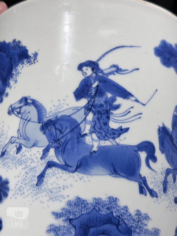 明崇祯 青花骑马人物典故笔筒 - 图15